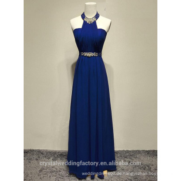 Alibaba elegante lange neue Designer-Hals Royal Blue Farbe Chiffon Beach Abendkleider oder Brautjungfer Kleid mit Kristall Perle LE29